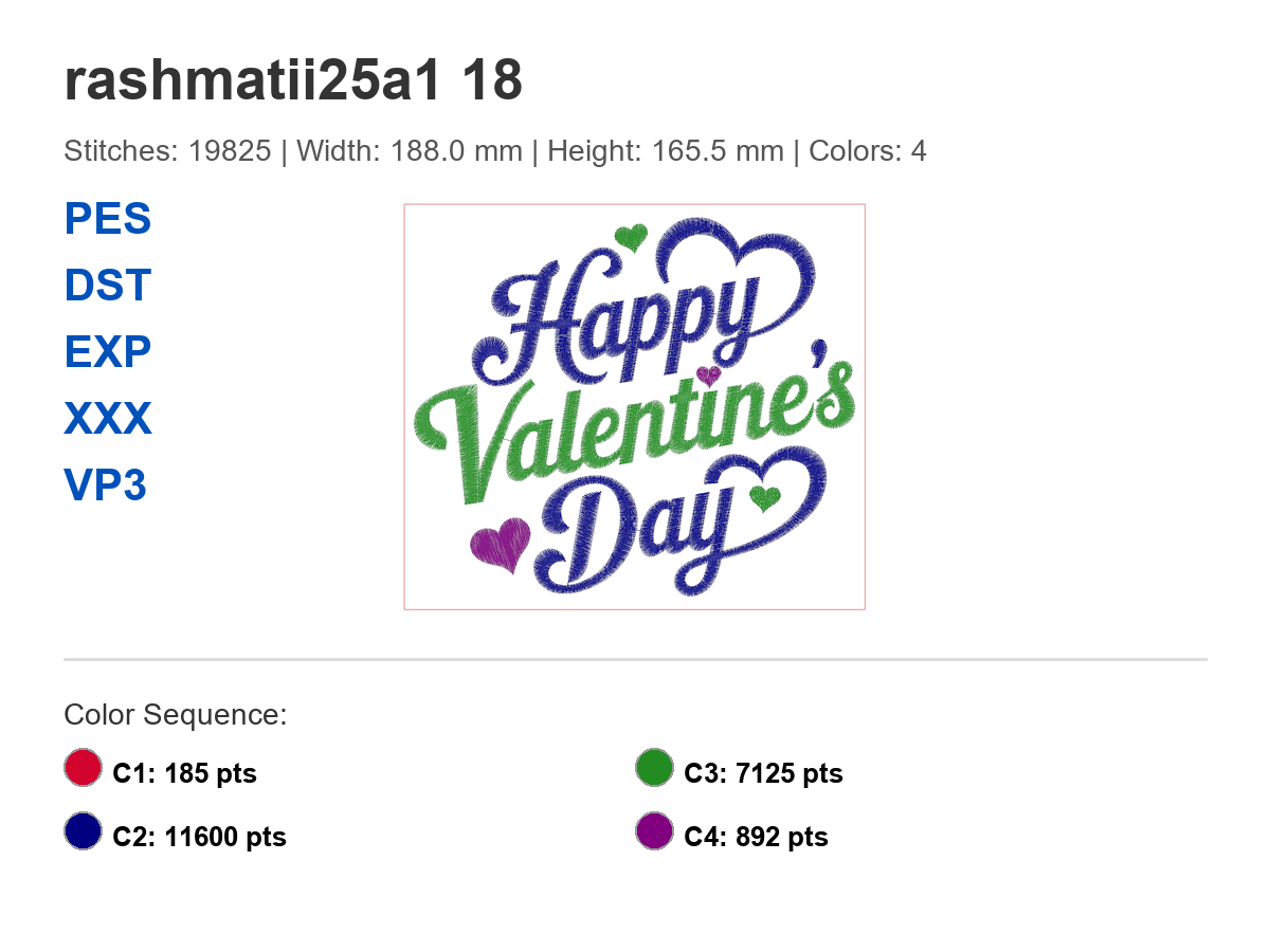 Happy Valentine’s Day embroidery design stitched on white fabric