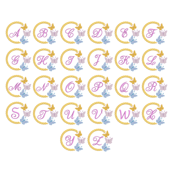 Beautiful Butterfly Wreath Alphabet Machine Embroidery Design Bundle A-Z - Perfect for Monograms, Nursery Decor, and Girls' Gifts