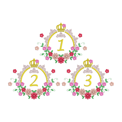 Birthday embroidery design number 1 with crown and floral wreath – 220mm – DST PES VP3