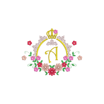 Premium royal letter A monogram embroidery design with floral wreath and crown on black background