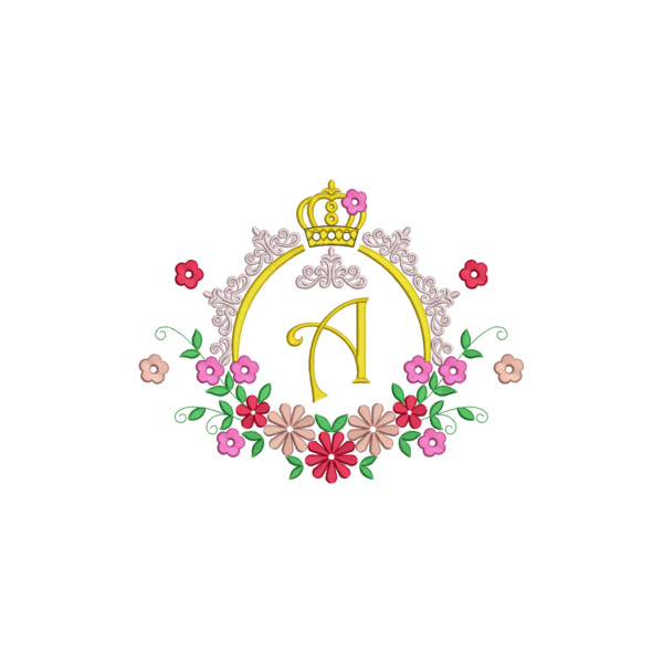 Premium royal letter A monogram embroidery design with floral wreath and crown on black background