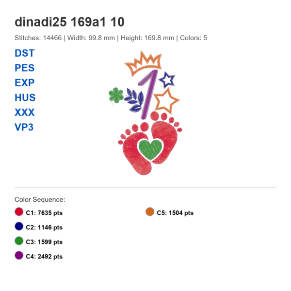 Baby Milestone Birthday Embroidery Bundle – Numbers 1, 2 & 3 with Baby Footprints, Crown, Clover & Stars | 3 Sizes | PES DST EXP XXX HUS VP3