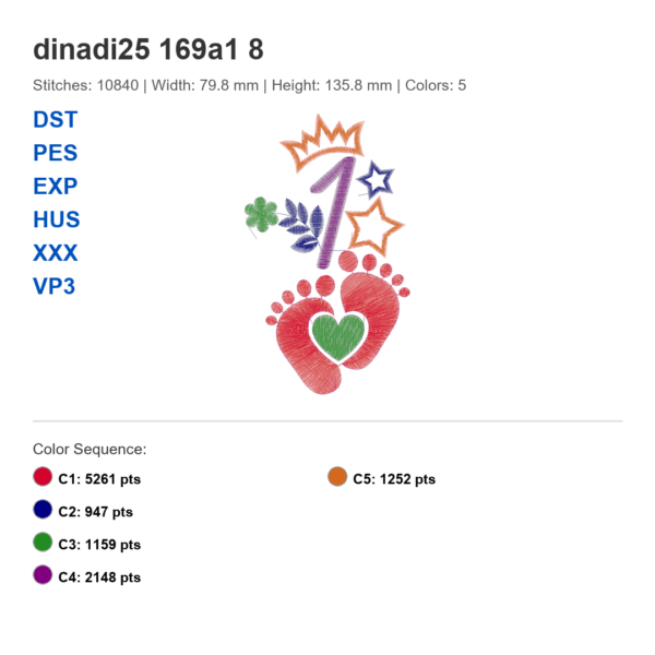 Baby Milestone Birthday Embroidery Bundle – Numbers 1, 2 & 3 with Baby Footprints, Crown, Clover & Stars | 3 Sizes | PES DST EXP XXX HUS VP3