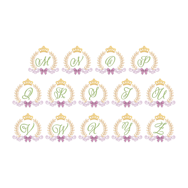 Royal Crown Monogram Embroidery Design Bundle A to Z – Laurel Wreath Alphabet with Bow – Machine Embroidery Files in DST PES HUS EXP XXX Formats – 200x213mm Instant Download