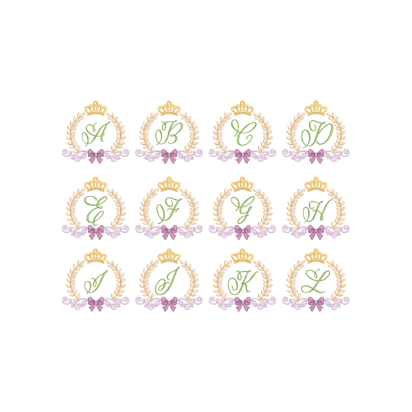 Royal Crown Monogram Embroidery Design Bundle A to Z – Laurel Wreath Alphabet with Bow – Machine Embroidery Files in DST PES HUS EXP XXX Formats – 200x213mm Instant Download