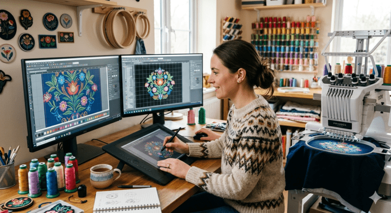The Best Embroidery Software in 2026: A Complete Guide to Choosing the Right Digitizing Tool 2 Hatch Embroidery software design editor with color palette and stitch settings